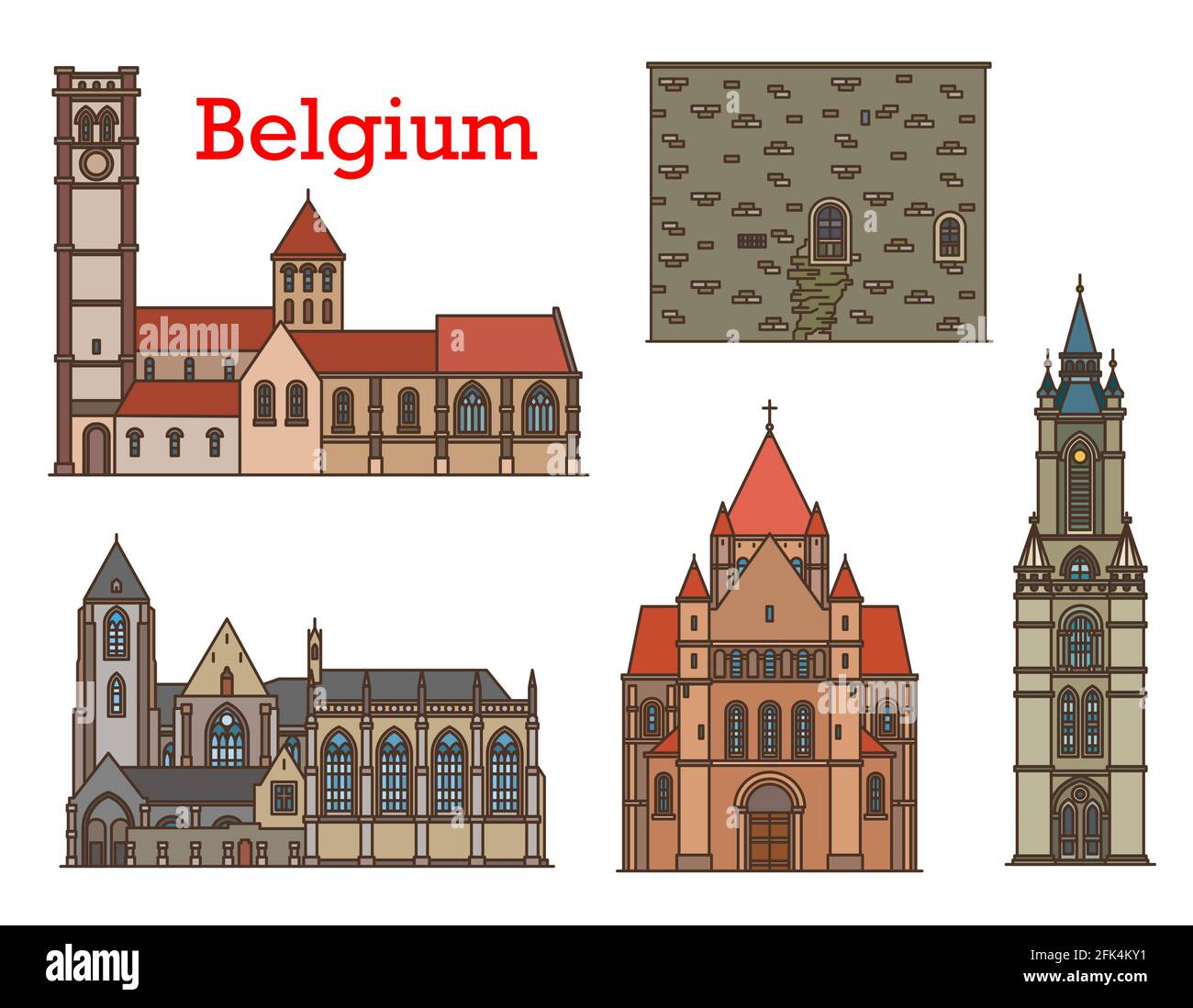 Belgium architecture and travel landmarks, vector buildings cathedrals and churches of Leuven, Tournai and Courtray city. Belgian Belfry and Henry VII Stock Vector