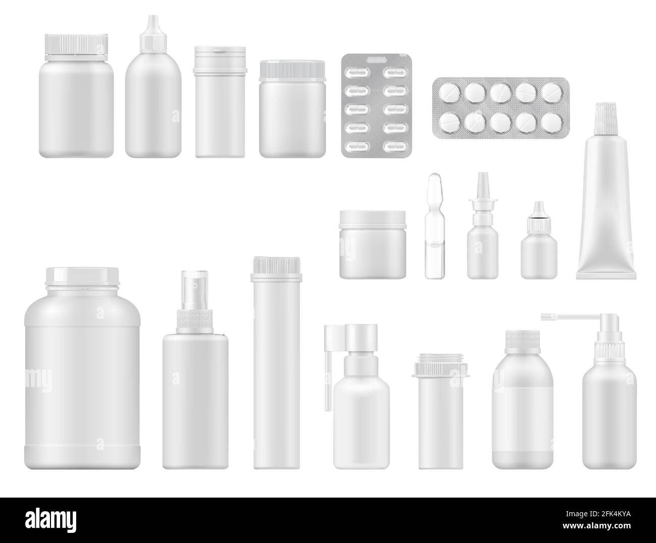 Pill, drug and medicament realistic vector packages. 3d mockups of