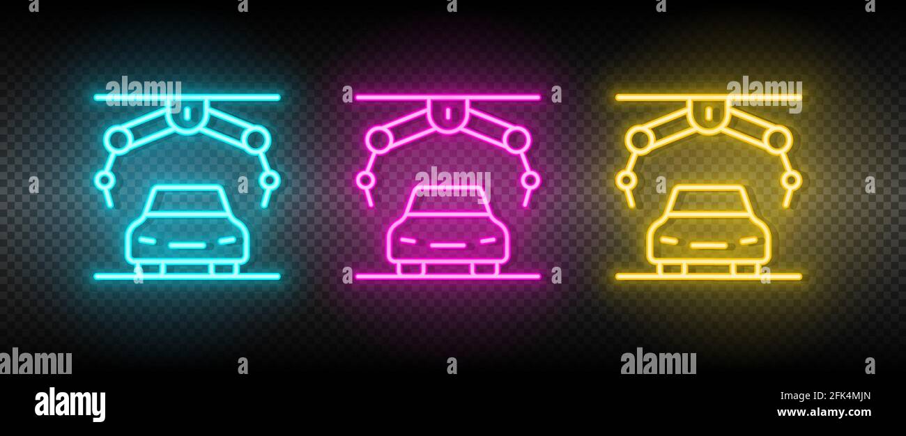 assembly robot, automobile robot neon icon set Stock Vector