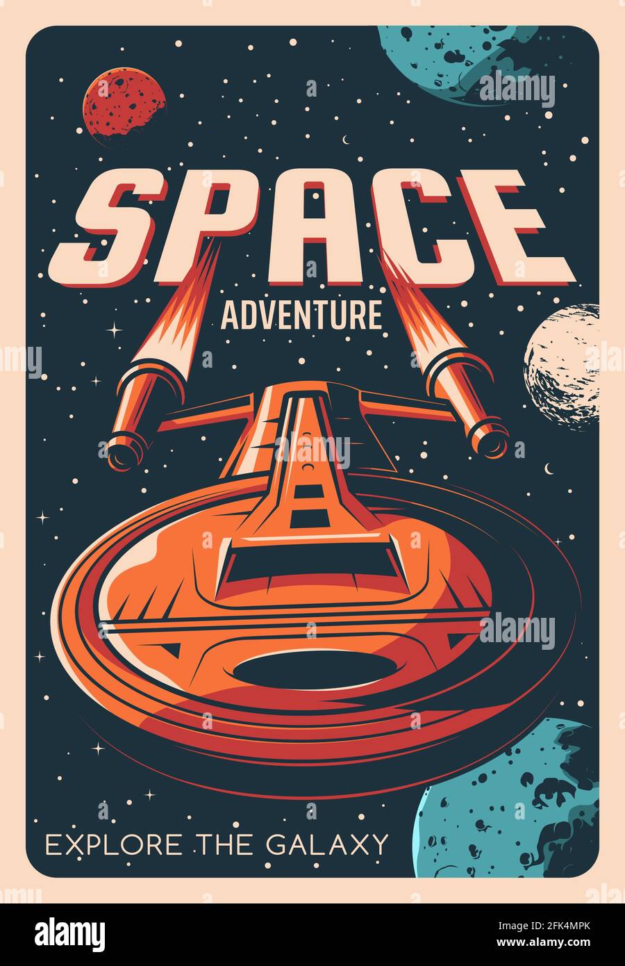 Space adventure retro poster with vector universe galaxy planets, stars and  spaceship. Astronomy spacecraft rocket, shuttle or space ship with fire fr  Stock Vector Image & Art - Alamy