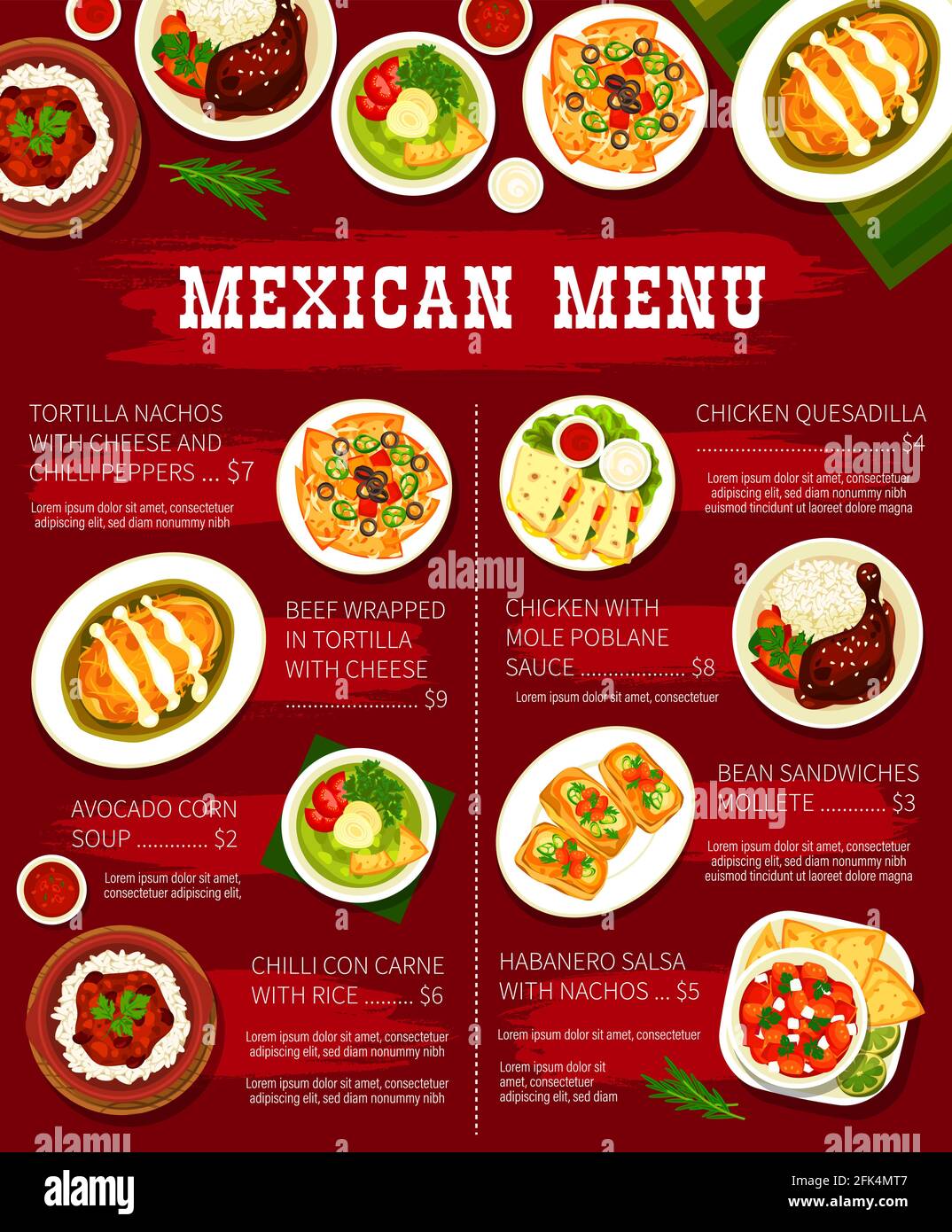 Mexican food restaurant dishes menu template. Tortilla nachos with