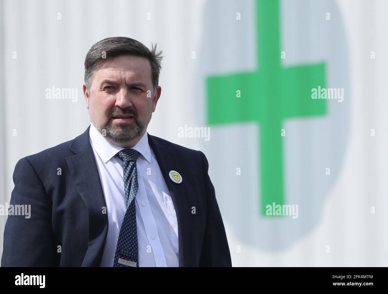 Northern Ireland Health Minister Robin Swann during a visit to Musgrave Park Hospital in Belfast, to look at three oxygen generators that can produce 500 liters of Oxygen per hour which the Northern Ireland executive is donating to the Indian Government to help with the country's fight against Covid-19. Picture date: Wednesday April 28, 2021. Stock Photo