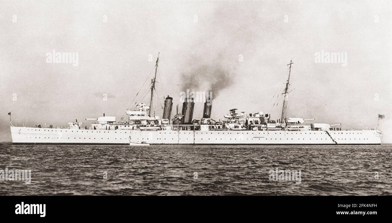 HMS Norfolk, a County-class heavy cruiser of the Royal Navy.  From British Warships, published 1940 Stock Photo