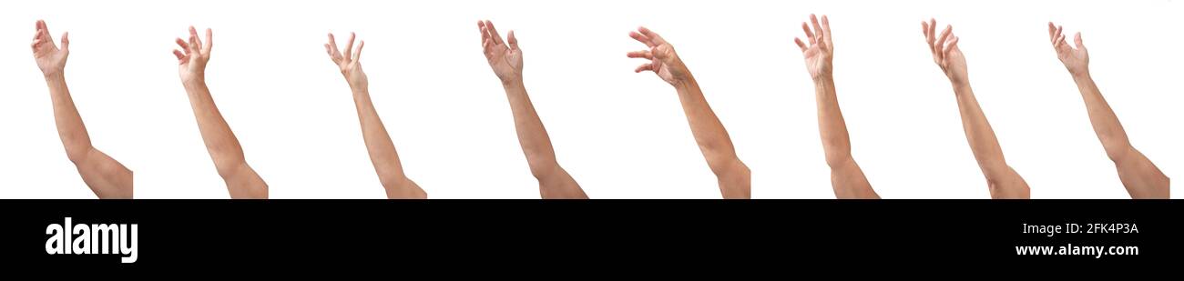 Eight different views of a lady's hand and arm throwing, catching, waving, etc.  Isolated on white for easy extraction. Stock Photo