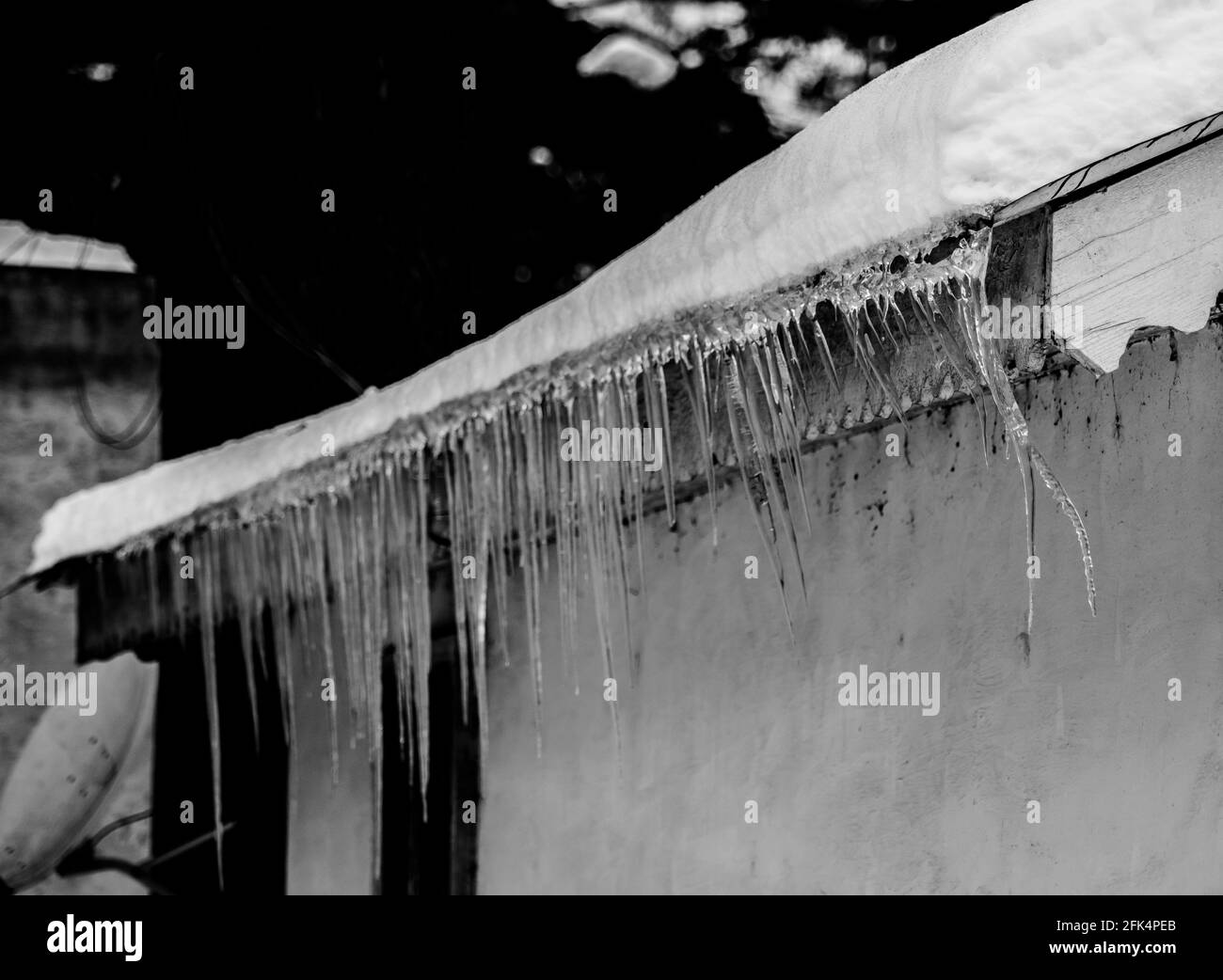 Ice dams with a cold roof at Patnitop Jammu India, Winter landscape Stock Photo