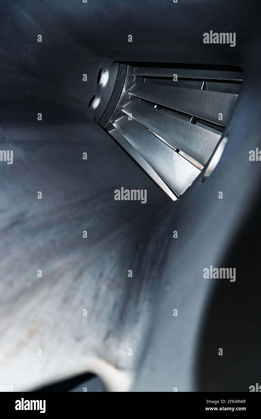 The blades and the flow part inside the gas turbine. Jet engine fan