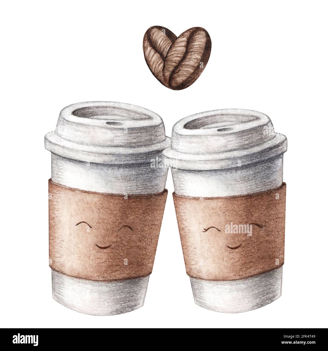 Hand drawn two watercolor cardboard paper cute couple coffee cups love ...