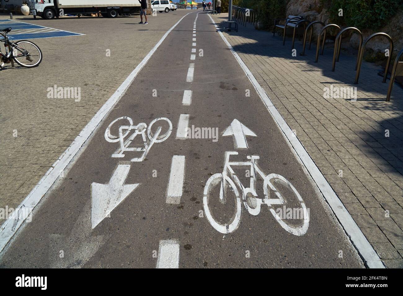 Cycling infrastructure lane with the bicycle sign on it. Stock Photo