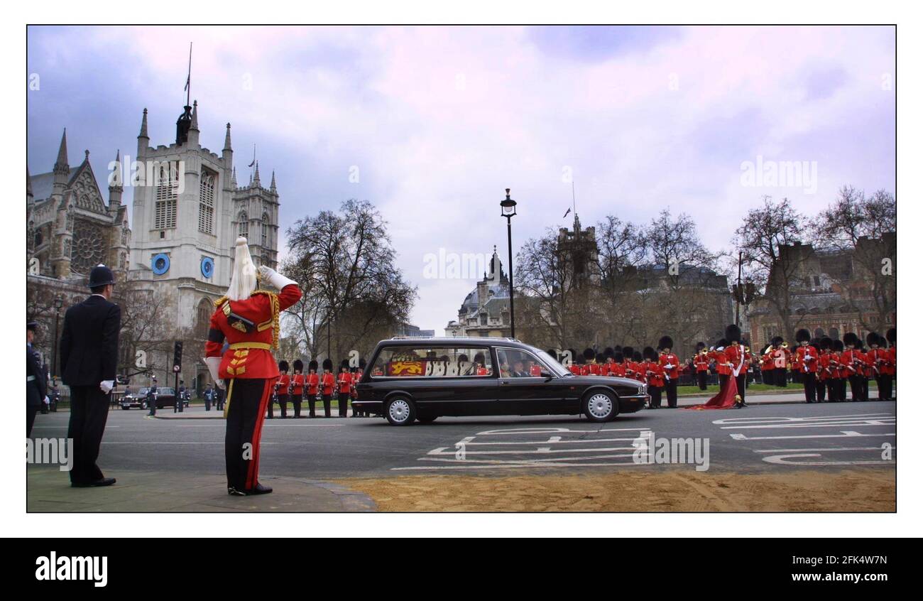The funeral procession of the Queen Mother leaves Westminster Abbey on