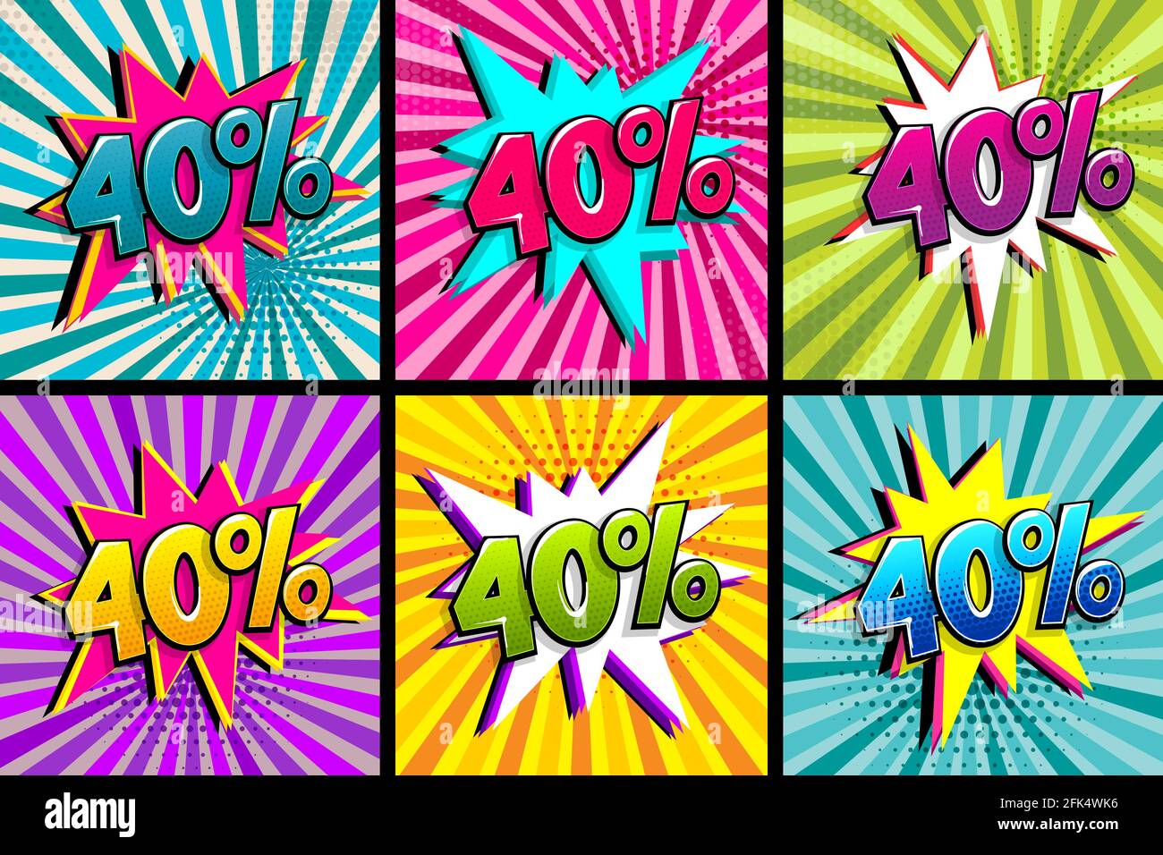Comic text 40 percent sale set discount. Colored speech bubble on radial background. Comics book explosion wow boom offer collection. Halftone radial Stock Vector