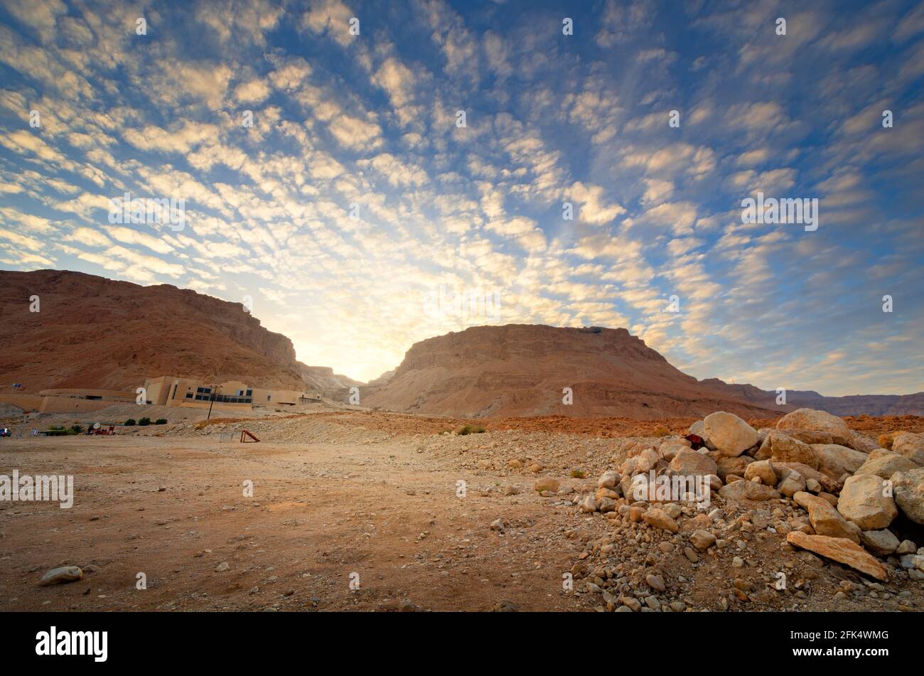 Masada, Israel ancient rock plateau fortress in the Judaean Desert at sunset. Stock Photo
