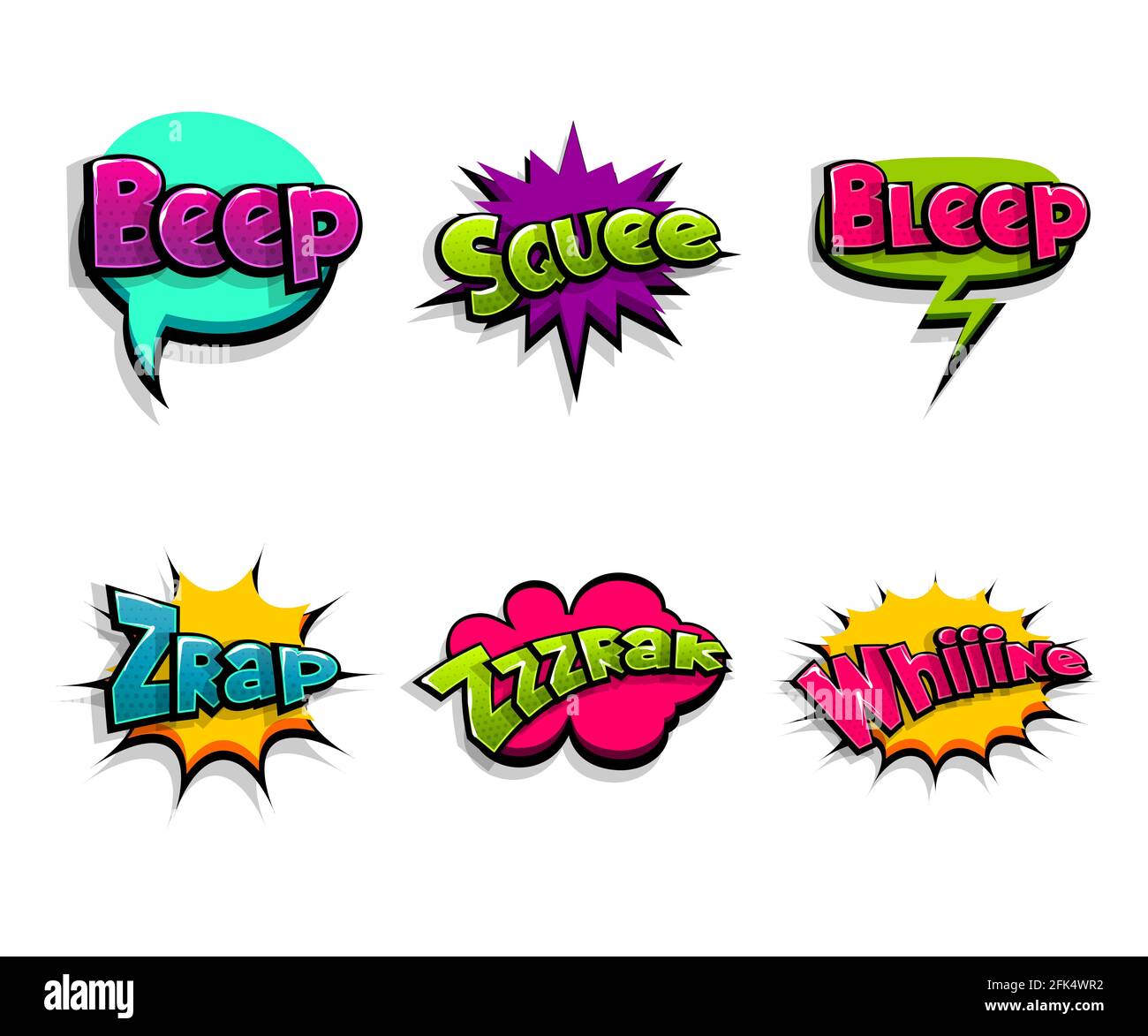 Lettering beep, zrap, wow noise. Comic text logo sound effects. Vector