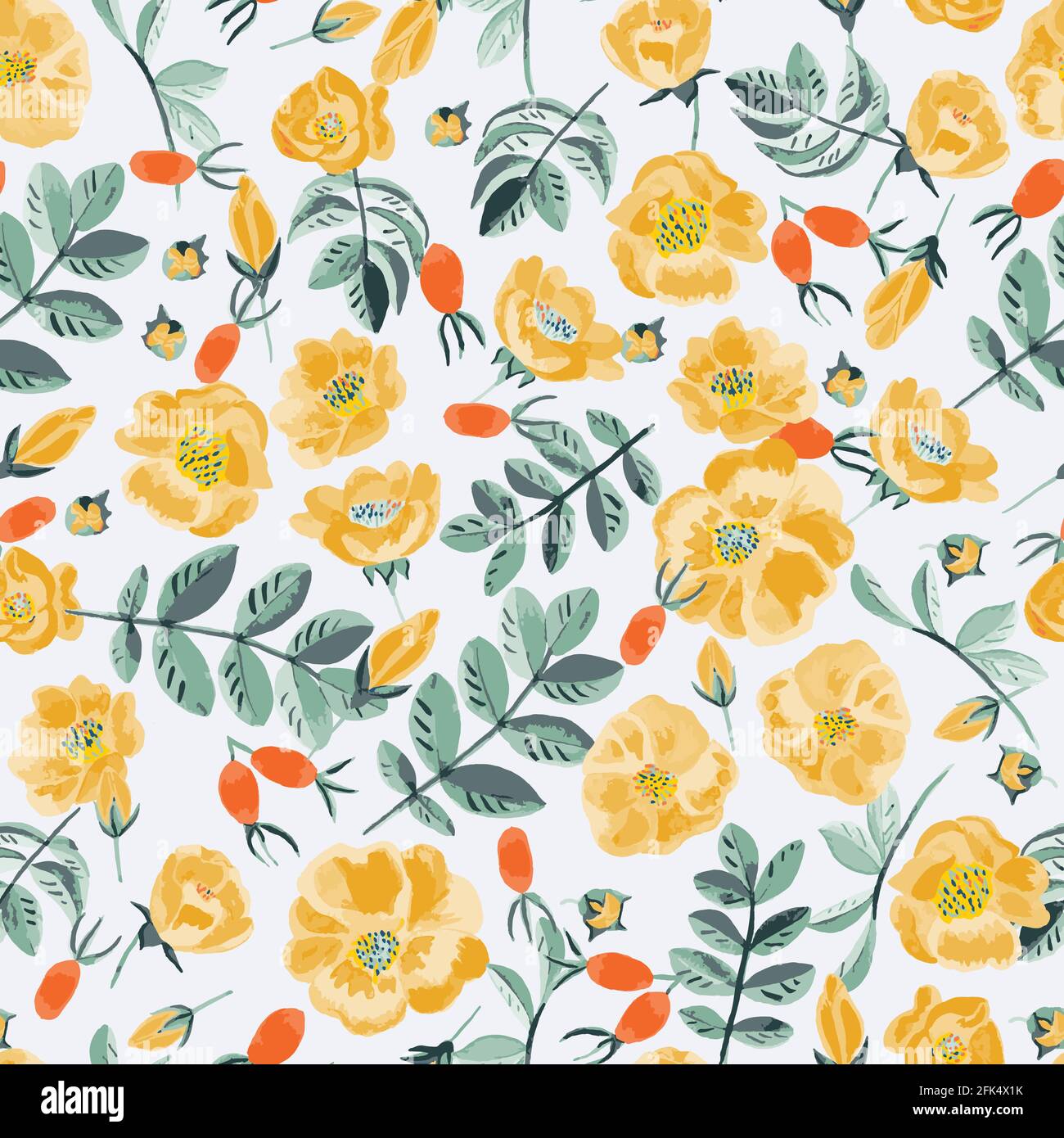 Seamless vector pattern with beautiful wild rose flowers and its fruits ...