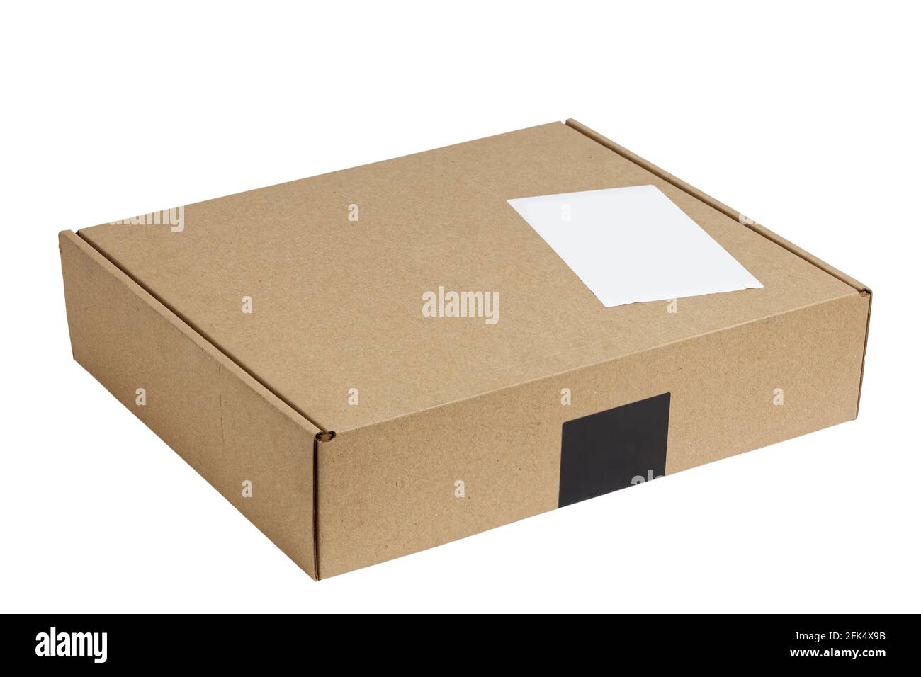 Closed brown cardboard box with blank white label. Box for parcel, delivery or packaging