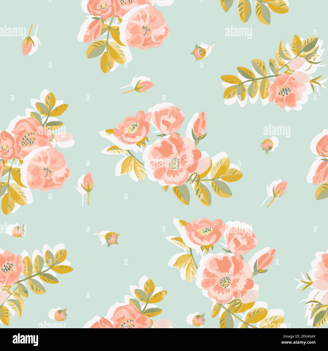 Seamless vector pattern with beautiful wild rose flowers and its fruits Stock Vector