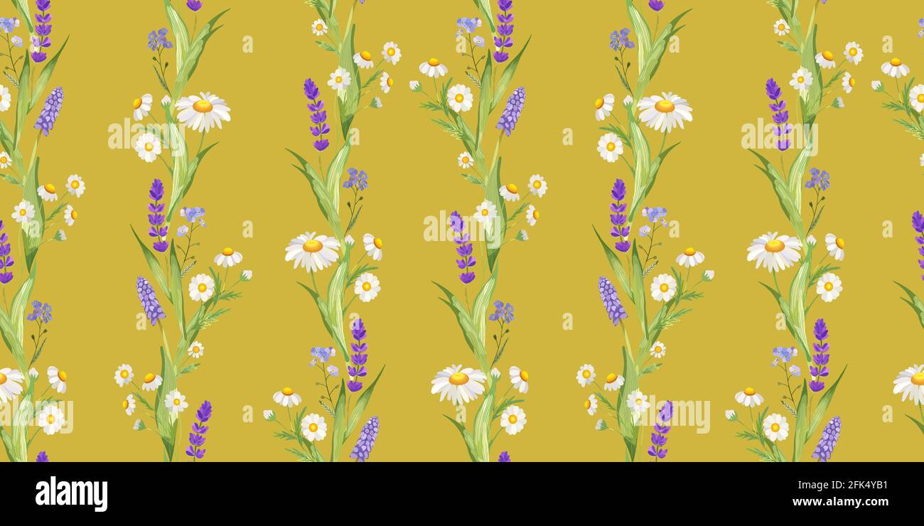 Chamomile seamless pattern. Beautiful floral blooming background. Stock Vector