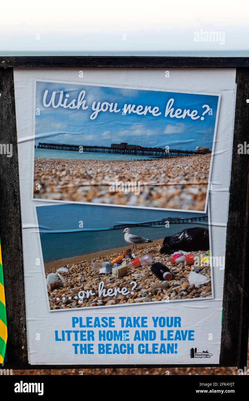 England, East Sussex, Hastings, Hastings Seafront, Social Awareness Poster Asking People to Take