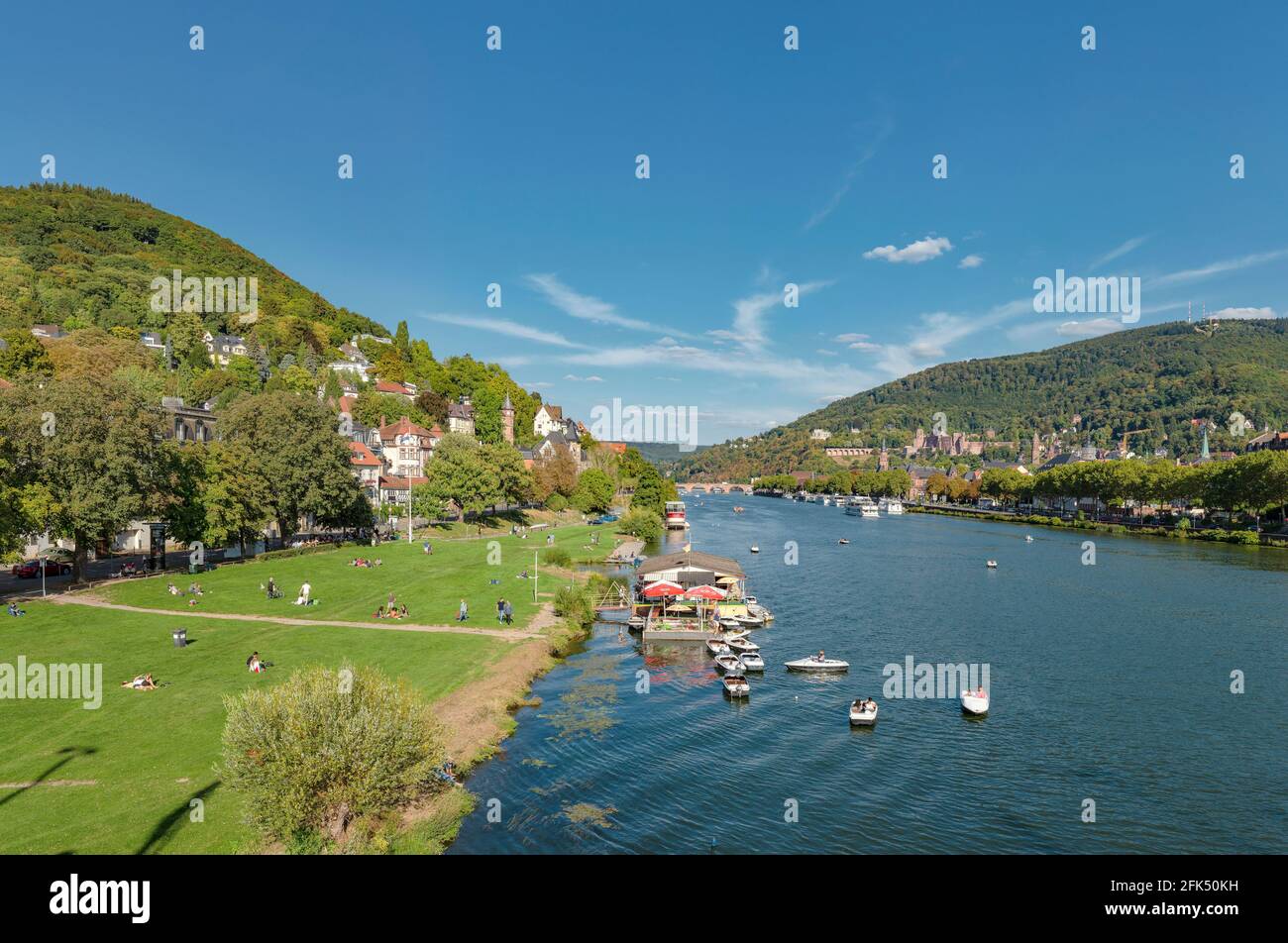 Neckarwiese,  a park at the bank of the river Neckar *** Local Caption ***  Heidelberg,   Duitsland, Germany, landscape, water, summer, mountains, hil Stock Photo