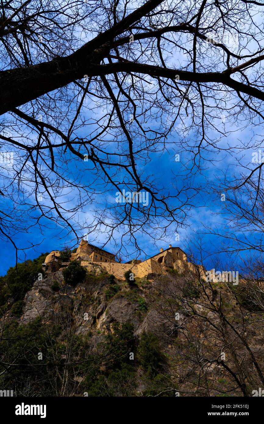 Abbaye St Martin du Canigou - Sant Martí del Canigó  - built in 1009 in in the Pyrenees of Northern Catalonia on Canigou mountain - now in France. Stock Photo