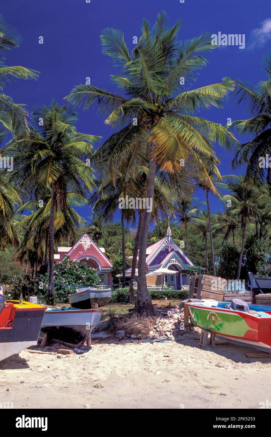 North America, West Indies, Lesser Antilles, Caribbean, Island in Saint Vincent and the Grenadines, Mustique, Gingerbread Houses Stock Photo