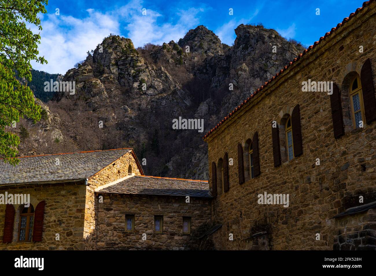 Abbaye St Martin du Canigou - Sant Martí del Canigó  - built in 1009 in in the Pyrenees of Northern Catalonia on Canigou mountain - now in France. Stock Photo