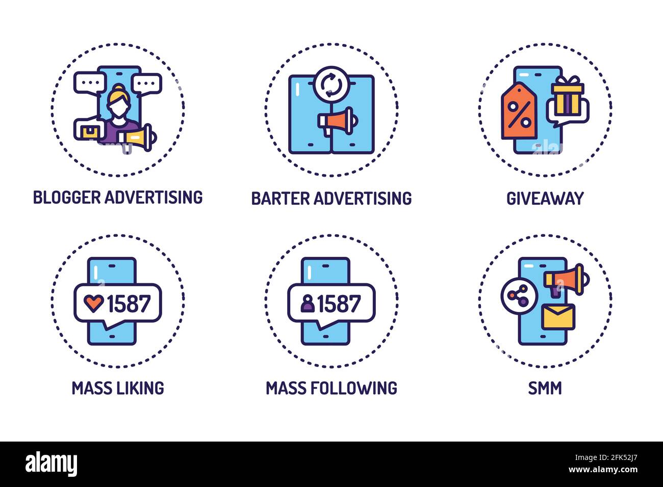 SMM tools promotion line color icons set. Isolated vector element Stock Vector