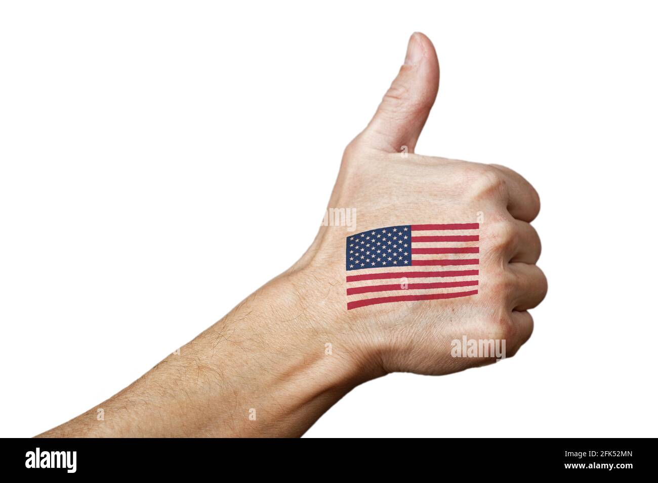Human hand with a painted or tattooed American flag showing thumb up sign.  Isolated on white Stock Photo - Alamy, image size:1300x956