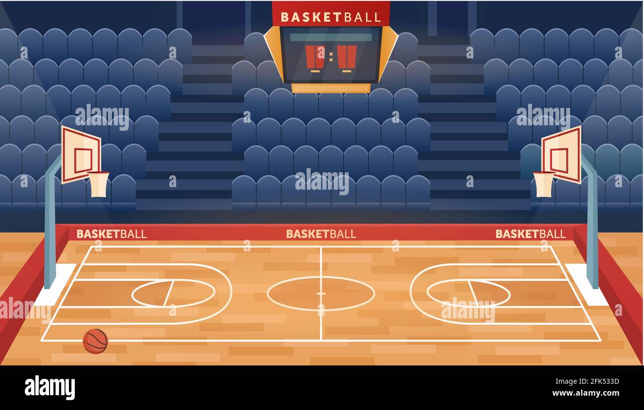 Cartoon empty hall field to play basketball team game, hoop for balls and seats for fan sector spectators, timer scoreboard indoor sport playground Stock Vector