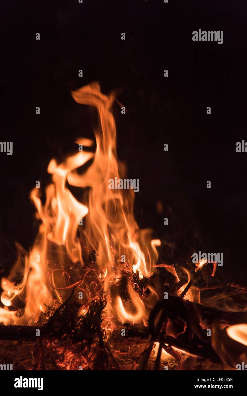 Fire flames in motion, bonfire in the nature. Concepts of travel ...