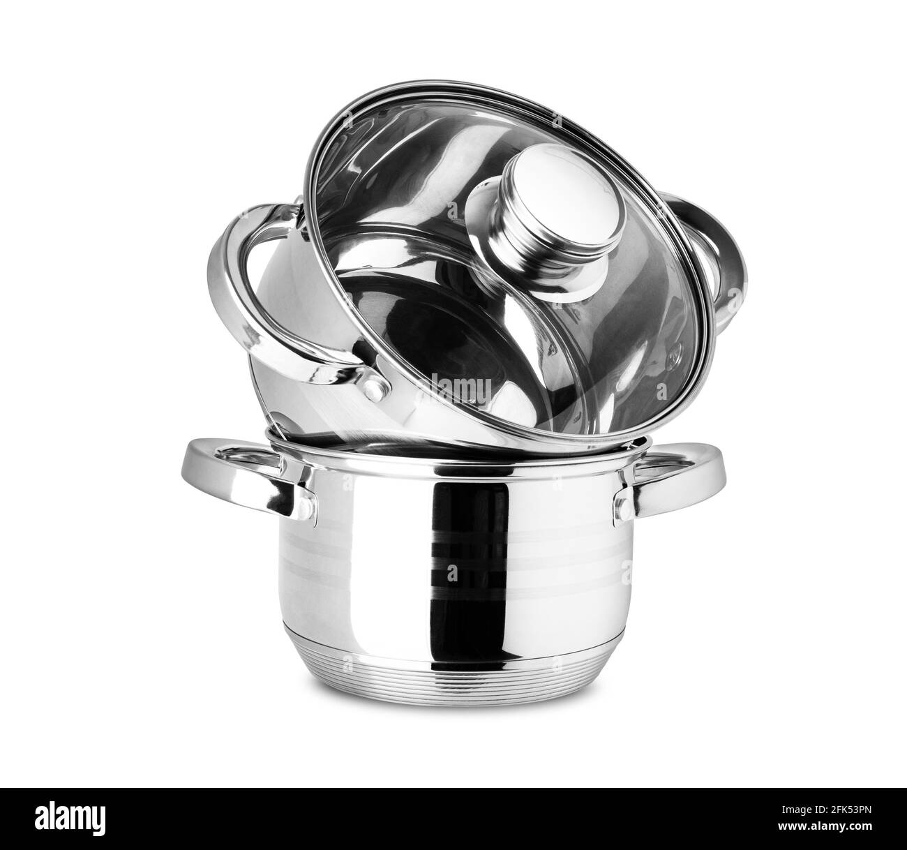 Stainless steel pot set, kitchen tools isolated on white background