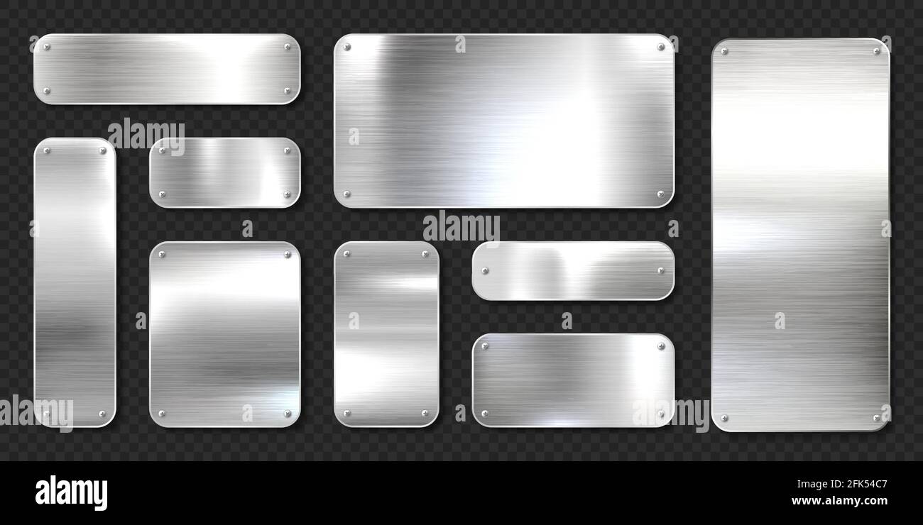 Realistic shiny metal banners set. Brushed steel plate with screws ...