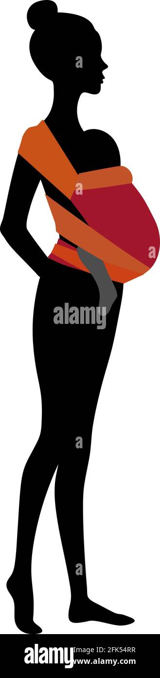 Woman silhouette with a baby in a red mei-tai sling. Babywearing mother concept. Stock Vector