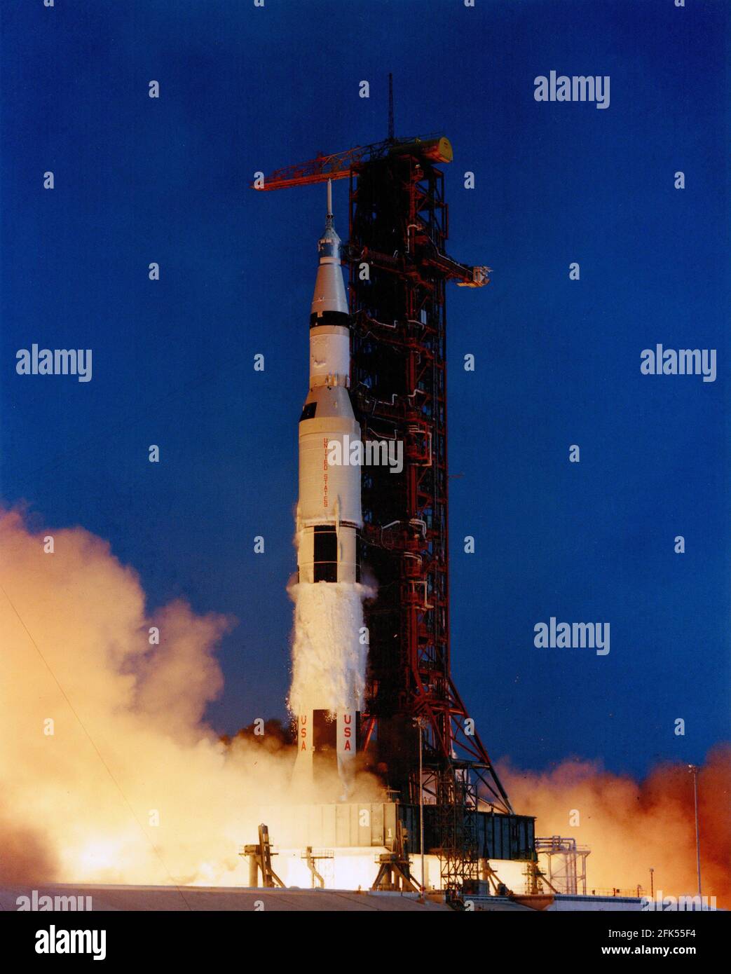Cape Canaveral, FL - (FILE) -- The Apollo 11 Saturn V is pictured seconds after first-stage ignition for the launch of the first manned mission to land on the Moon on Wednesday, July 16, 1969.Credit: NASA via CNP. | usage worldwide Stock Photo