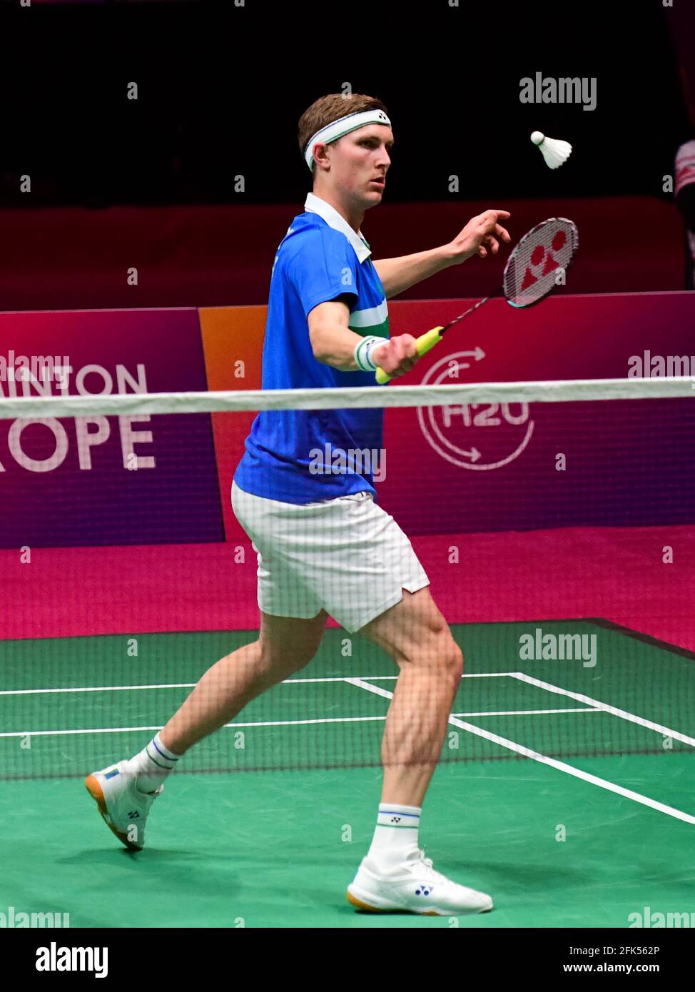 KYIV, UKRAINE - APRIL 28: Viktor Axelsen of Denmark competes in his Mens  Singles match against Milan Ludik of Czech Republic during Day 2 of the  2021 European Badminton Championships at Palace