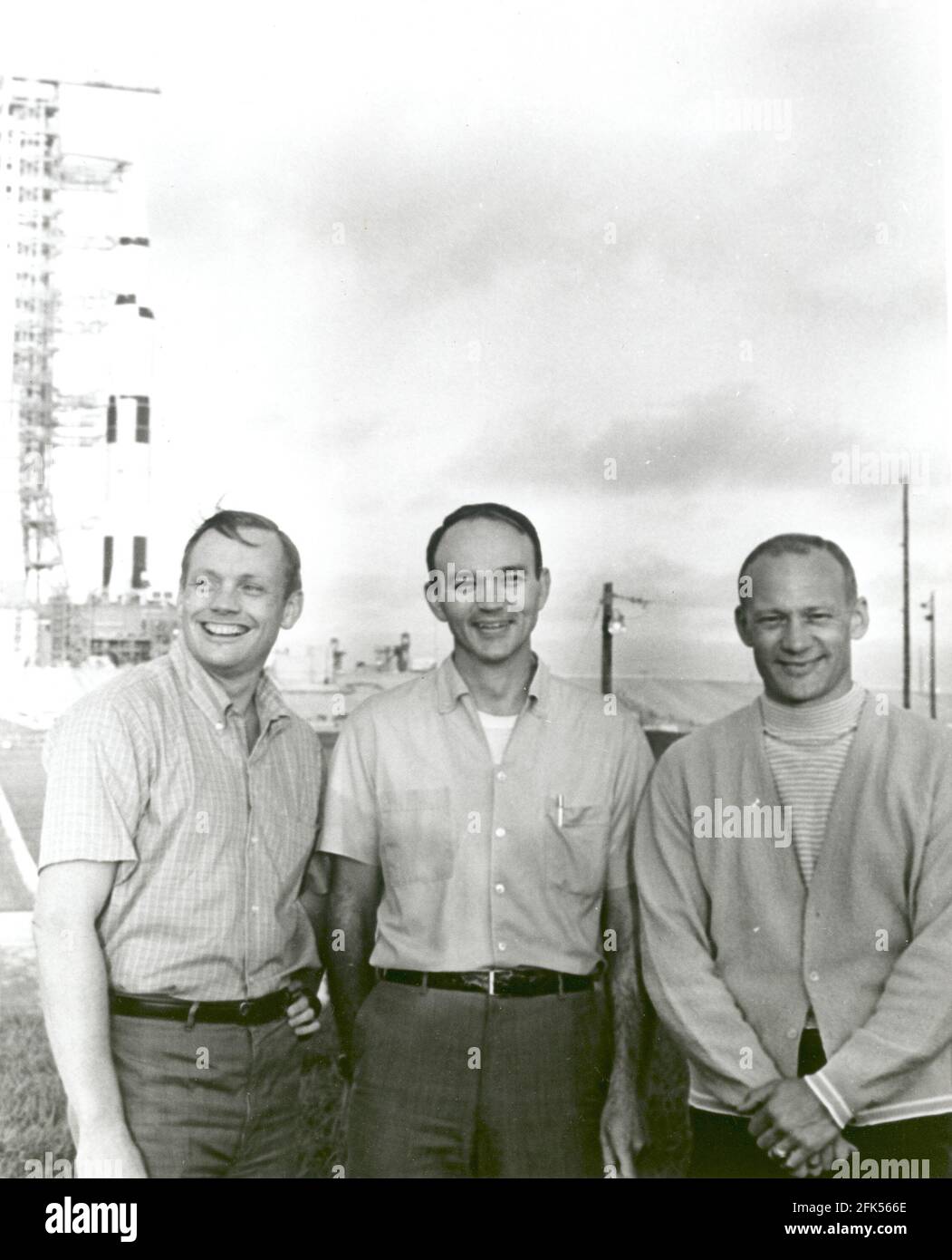 Cape Canaveral, FL - (FILE) -- On May 20, 1969, the National Aeronautics and Space Administration's (NASA) Apollo 11 flight crew, Neil A. Armstrong, commander, left; Michael Collins, command module pilot, center; and Buzz Aldrin, lunar module pilot, right, stand near the Apollo/Saturn V space vehicle that would eventually carry them into space on July 16,1969.Credit: NASA via CNP /MediaPunch Stock Photo