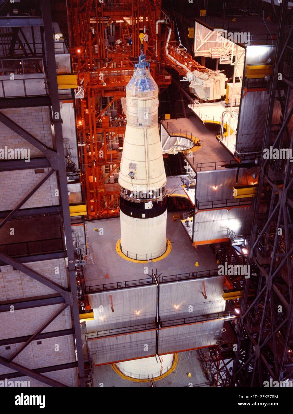 Cape Canaveral. FL - (FILE) -- This photo shows the Apollo 11 Command-and-Service Module (CSM) being mated to the spacecraft adapter on May 1, 1969. Credit: NASA via CNP. | usage worldwide Stock Photo