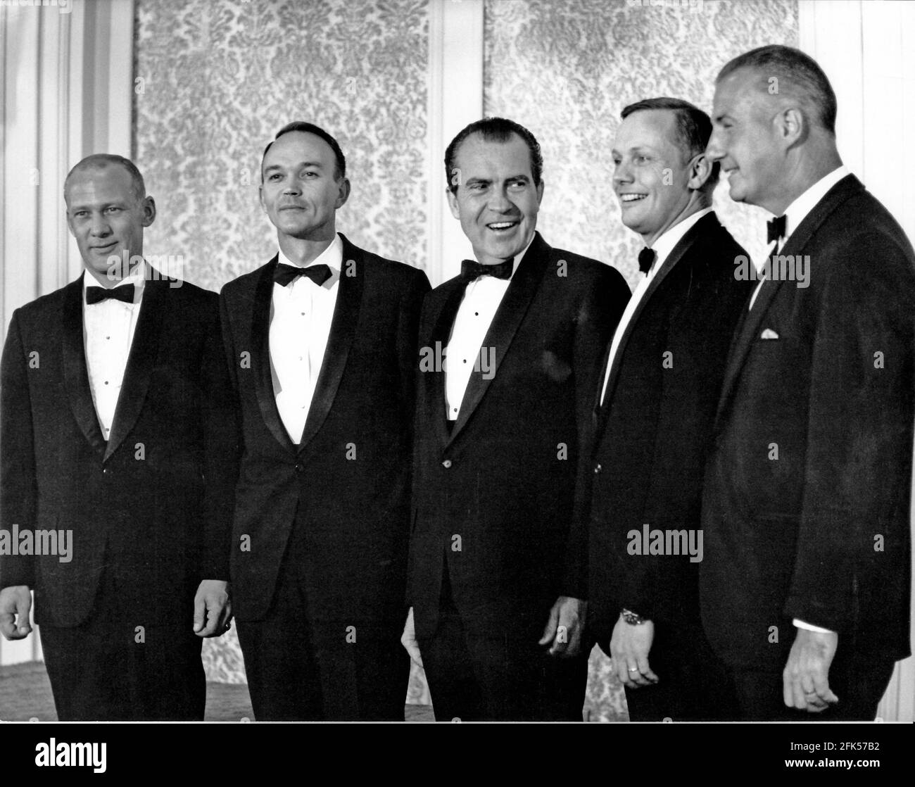 File photo - Los Angeles, CA - -- The Apollo 11 Astronauts pose for a photo with United States President Richard M. Nixon and Vice President Spiro T. Agnew prior to the lavish state dinner in the Astronauts' honor at the Century Plaza Hotel in Los Angeles, California on August 14, 1969. From left to right: Edwin E. 'Buzz' Aldrin, Jr., Michael Collins, President Nixon, Neil A. Armstrong, and Vice President Agnew.. --- American astronaut Michael Collins, who flew the Apollo 11 command module while his crewmates became the first people to land on the Moon on July 20, 1969, died on Wednesday after Stock Photo