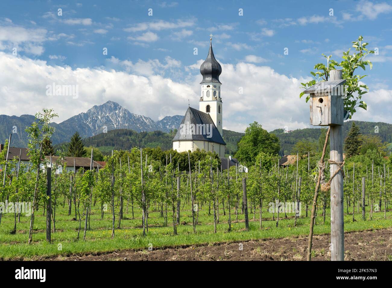 Feldkirchen in der Gemeinde Ainring im Berchtesgadener Land (Rupertiwinkel) mit dem Hochstaufen im Hintergrund Stock Photo