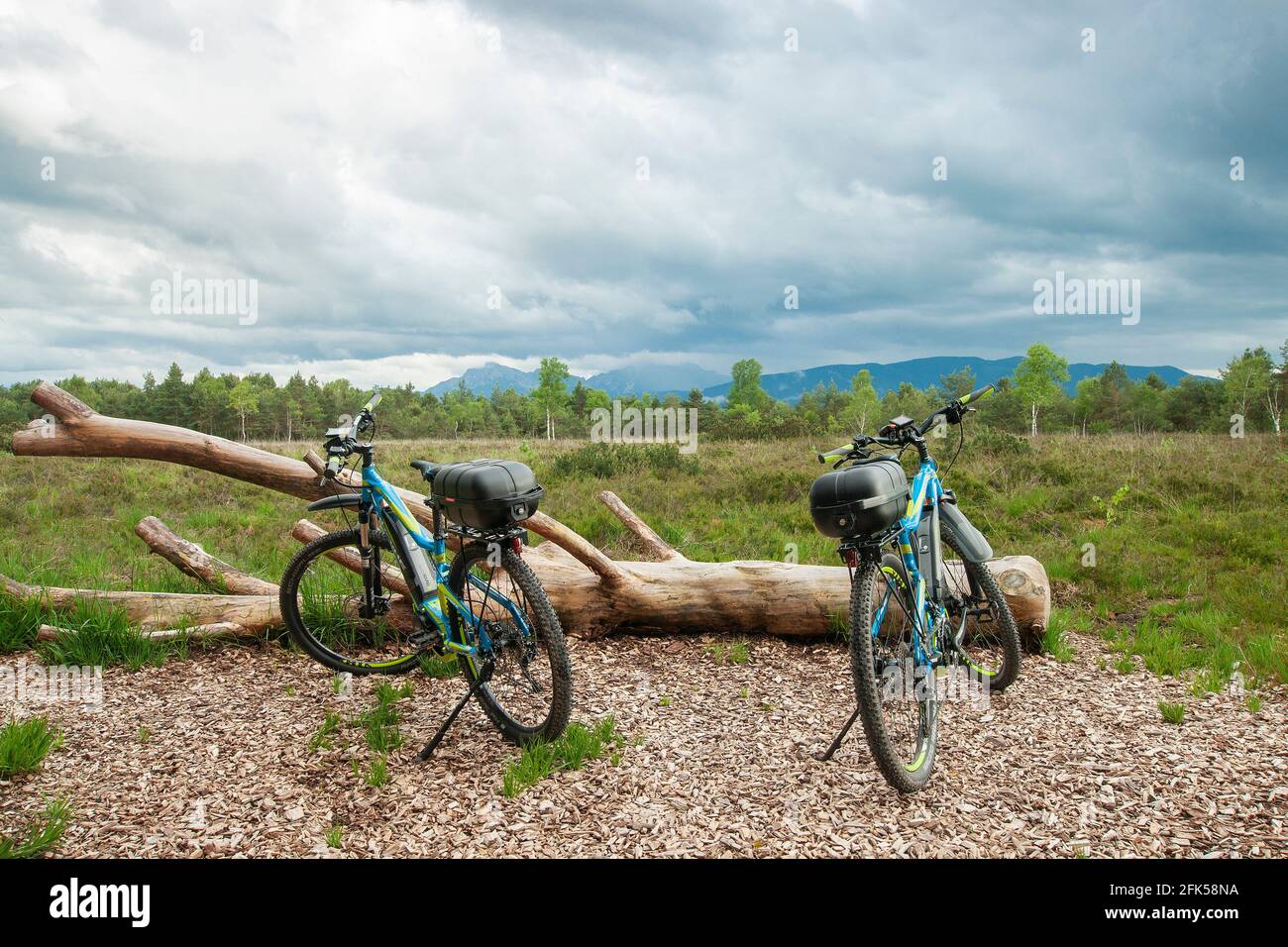 mit dem E-Bike bei Schlechtwetter im renaturierten Schönramer Moor in der Gemeinde Petting Stock Photo