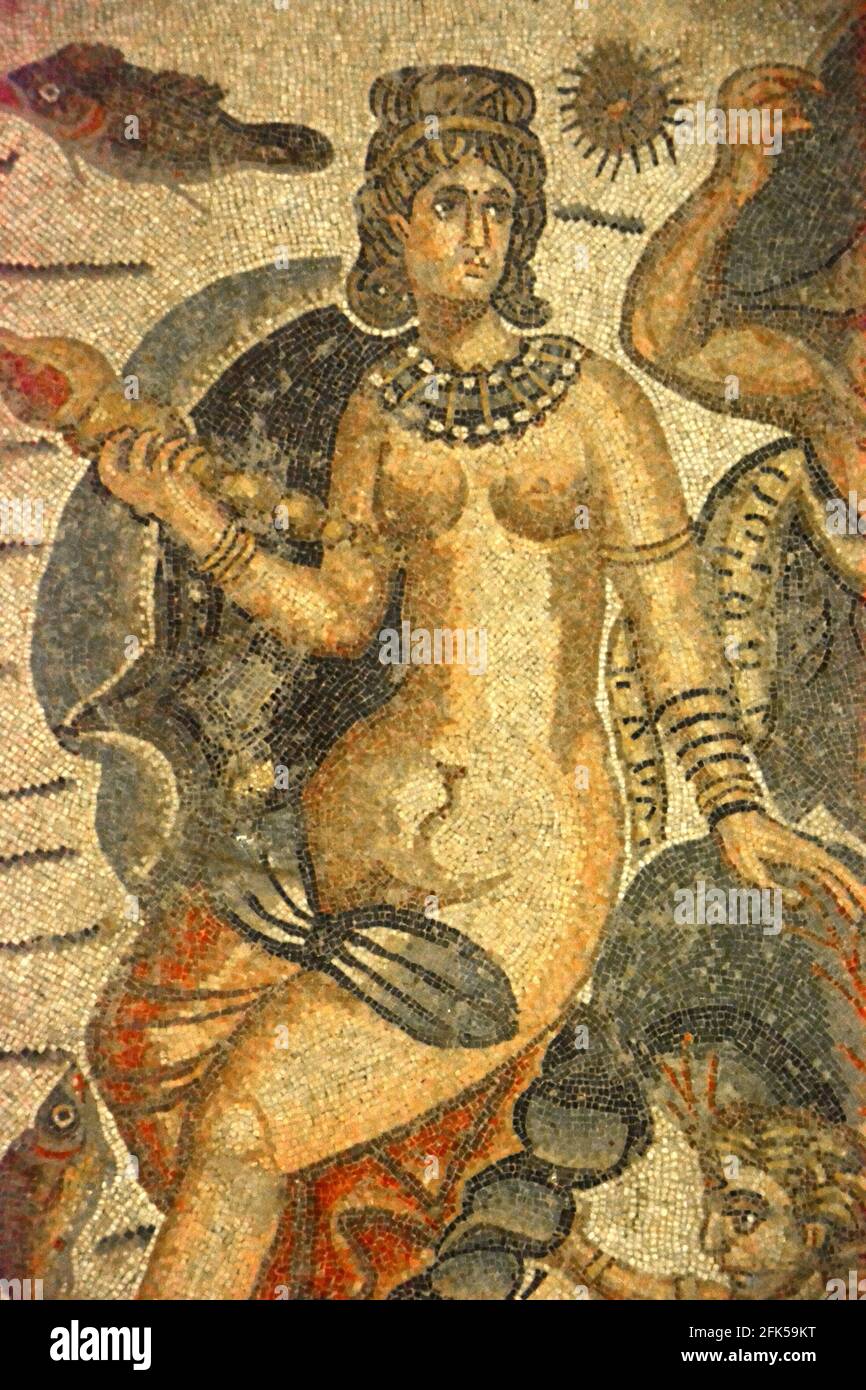 An ancient roman mosaic depicting the Titon Tethys. From the Hall of Arion in the UNESCO listed Ancient Roman mosaics in the Villa Romana del Casale, Stock Photo