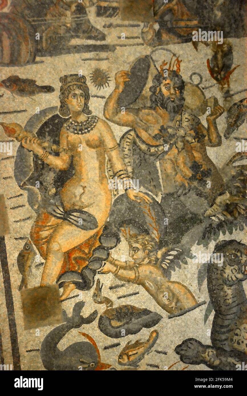 An ancient roman mosaic depicting the Titans Oceanus and his wife and sister Tethys. From the Hall of Arion in the UNESCO listed Ancient Roman mosaics Stock Photo
