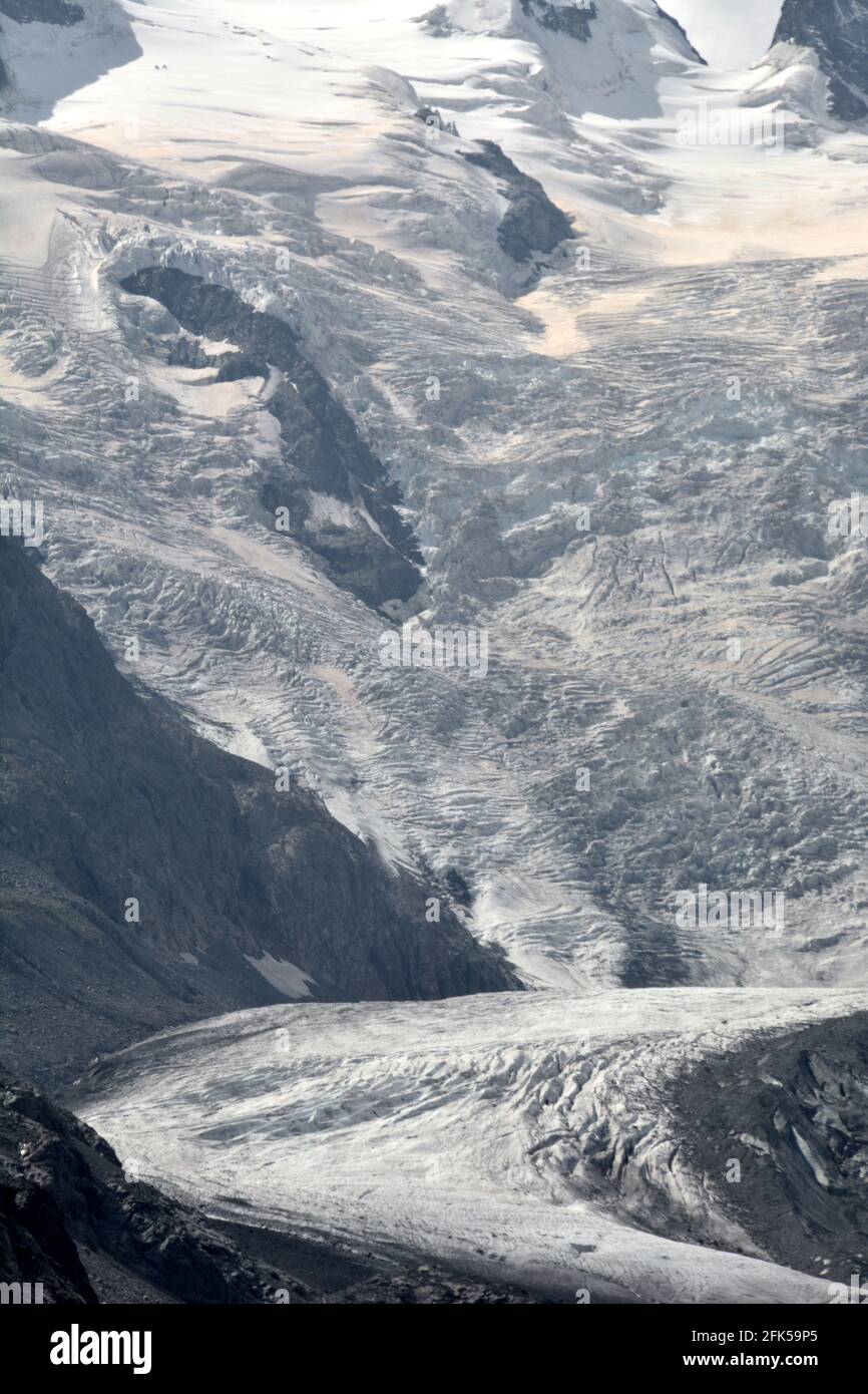 The ice fall below the Piz Bernina above St Moritz, in the Swiss Alps Stock Photo