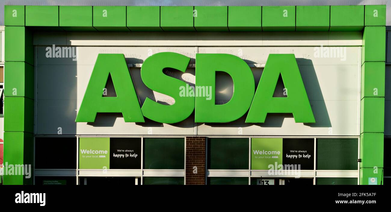 Asda Logo and shop front seen over a store in Tunbridge Wells, UK Stock