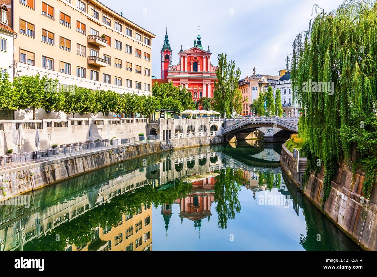 Ljubljana, Slovenia. Cityscape on Ljubljanica river canal in old town. Stock Photo