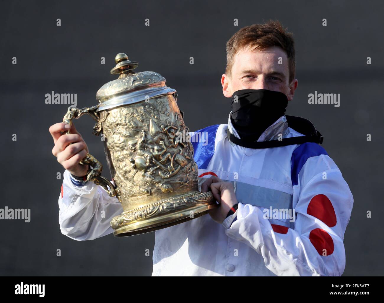 Sam Twiston-Davies celebrates winning The Ladbrokes Punchestown Gold Cup on Clan Des Obeaux during day two of the Punchestown Festival at Punchestown Racecourse in County Kildare, Ireland. Issue date: Wednesday April 28, 2021. Stock Photo