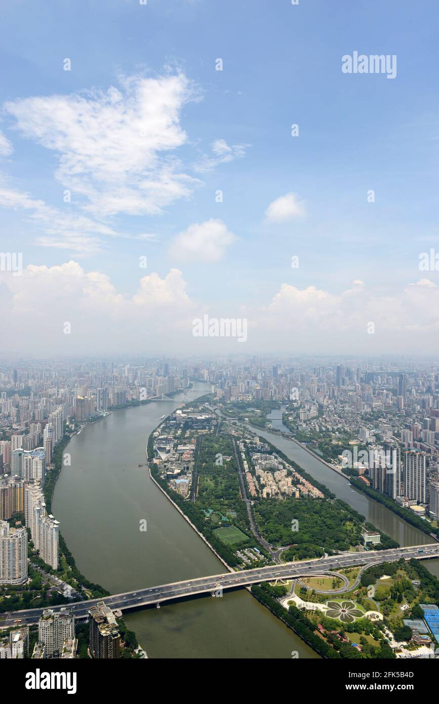 View over Guangzhou from the Canton Tower, Guangzhou, China looking upriver to the centre of town. Stock Photo