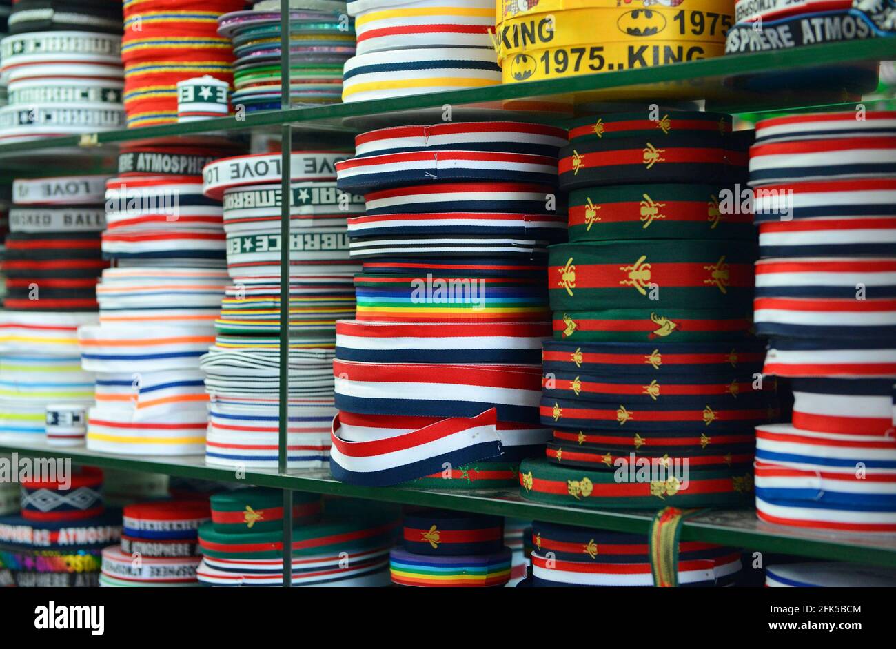 Ribbons for sale at a clothing market near Zhongshan University in Guangzhou, China Stock Photo
