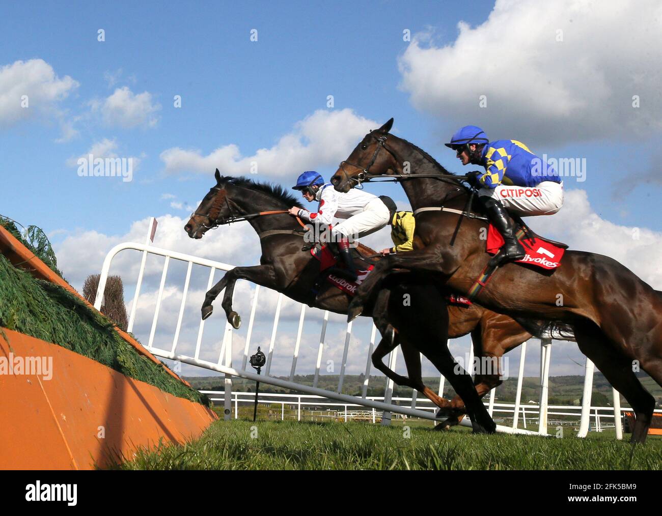 Clan Des Obeaux ridden by Sam Twiston-Davies (right) goes on to win The Ladbrokes Punchestown Gold Cup during day two of the Punchestown Festival at Punchestown Racecourse in County Kildare, Ireland. Issue date: Wednesday April 28, 2021. Stock Photo