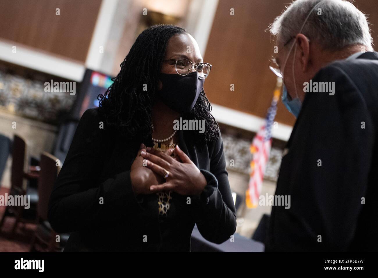 UNITED STATES - APRIL 28: Ketanji Brown Jackson, nominee to be United States Circuit Judge for the District of Columbia Circuit, greets ranking member US Senator Chuck Grassley (Republican of Iowa), Ranking Member, US Senate Committee on the Judiciary, before her Senate Judiciary Committee confirmation hearing in Dirksen Senate Office Building in Washington, DC, on Wednesday, April 28, 2021. Candace Jackson-Akiwumi, nominee to be U.S. Circuit Judge for the Seventh Circuit, also testified. Credit: Tom Williams/Pool via CNP | usage worldwide Stock Photo