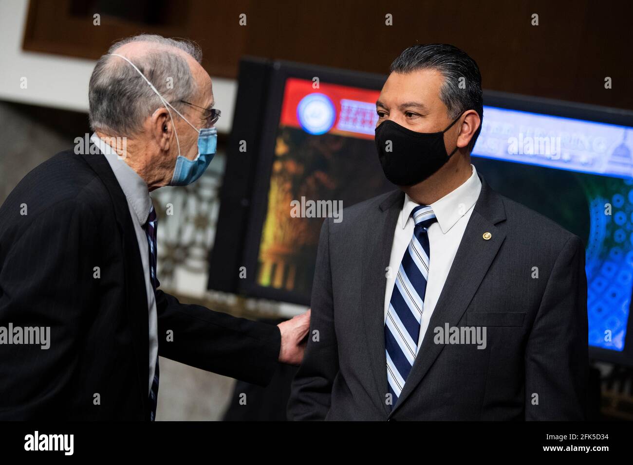 UNITED STATES - APRIL 28: United States Senator Alex Padilla (Democrat of California), right, and US Senator Chuck Grassley (Republican of Iowa), Ranking Member, US Senate Committee on the Judiciary, arrive for the Senate Judiciary Committee confirmation hearing in Dirksen Senate Office Building in Washington, DC, on Wednesday, April 28, 2021. Ketanji Brown Jackson, nominee to be U.S. Circuit Judge for the District of Columbia Circuit, and Candace Jackson-Akiwumi, nominee to be U.S. Circuit Judge for the Seventh Circuit, testified on the first panel. Credit: Tom Williams/Pool via CNP /Medi Stock Photo